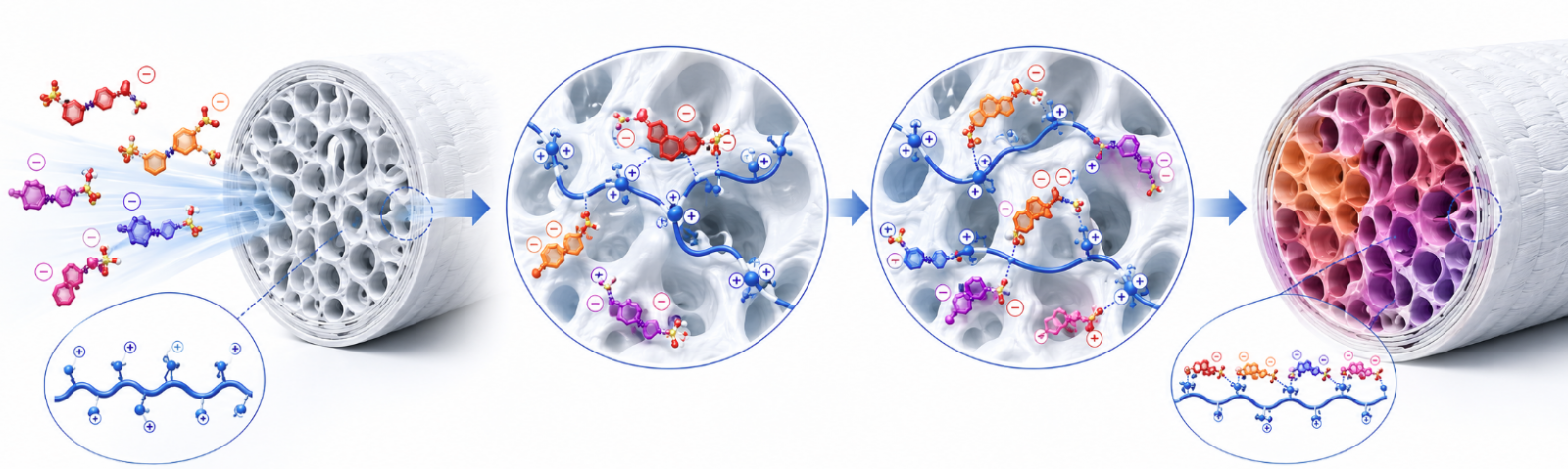 Microscopic interaction mechanism of PolyDADMAC-based formaldehyde-free fixing agent with anionic reactive dyes and their deposition inside fibers.